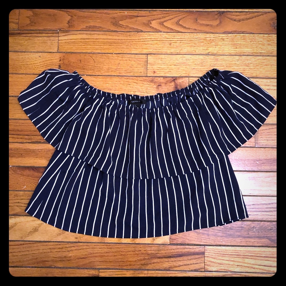 Off the shoulder navy and white striped top